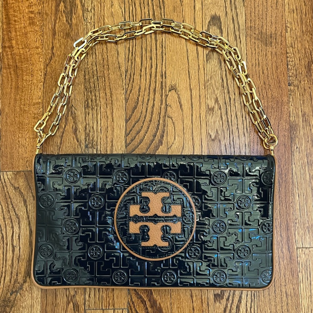 Tory Burch Navy Patent Leather Clutch With Gold Chain And Logos